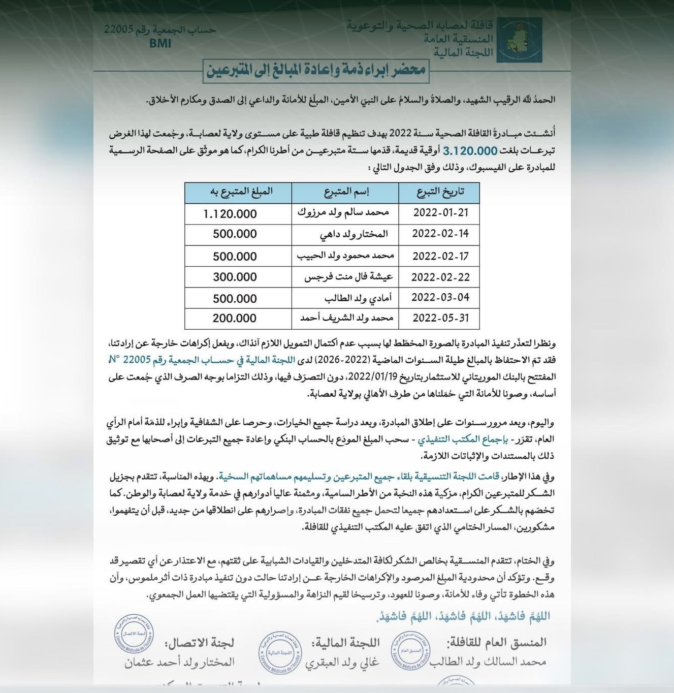 لجنة “قافلة لعصابة الصحية” تعيد التبرعات بعد توقف المشروع